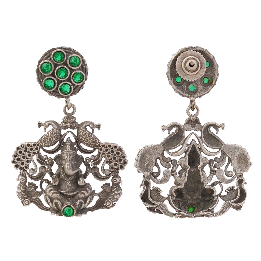 Gajanana- Silver Brass Oxidised dangler earrings(Green)