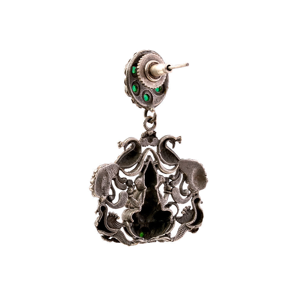 Gajanana- Silver Brass Oxidised dangler earrings(Green)
