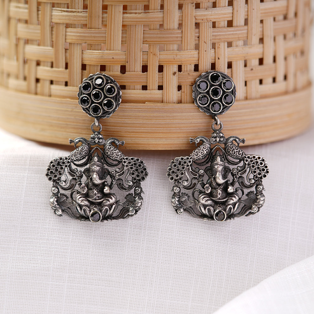 Gajanana- Silver Brass Oxidised dangler earrings(Black)