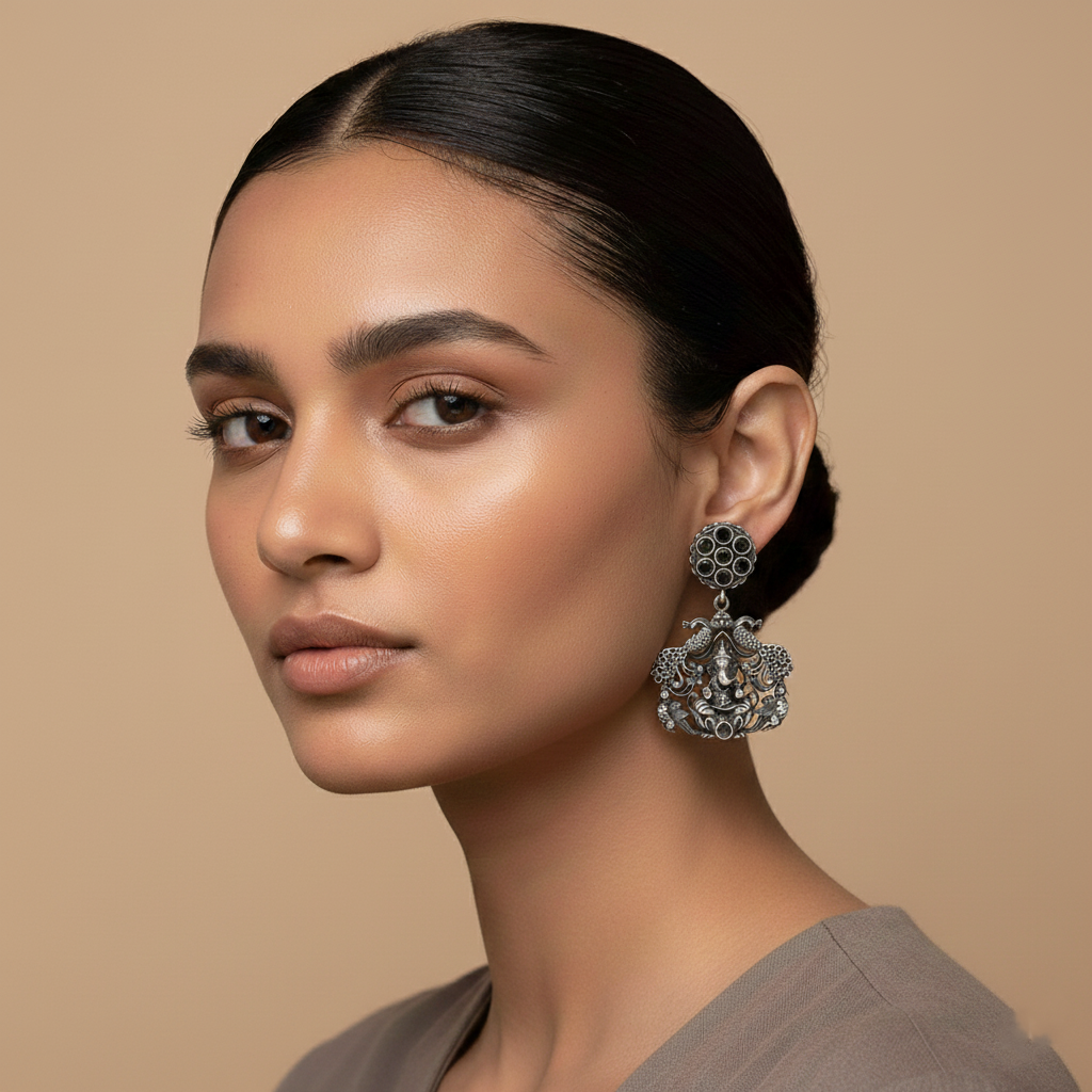 Gajanana- Silver Brass Oxidised dangler earrings(Black)