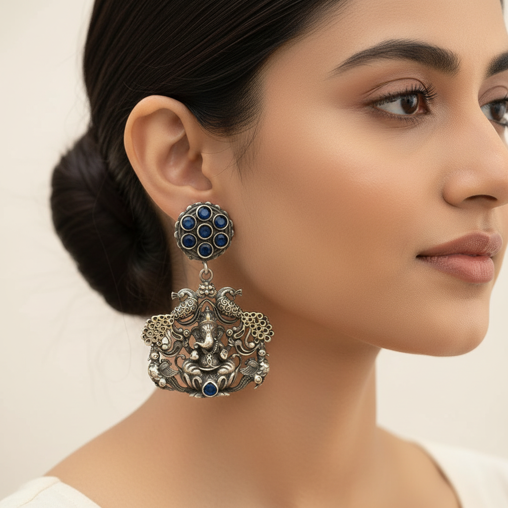 Gajanana- Silver Brass Oxidised dangler earrings(Blue)