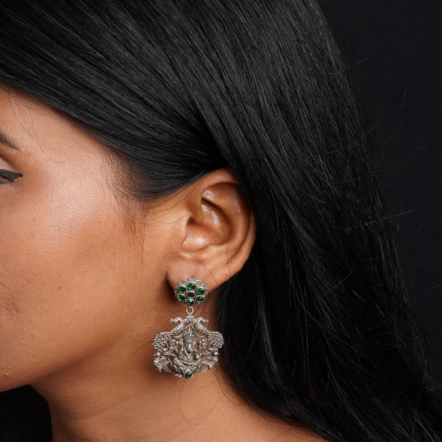 Gajanana- Silver Brass Oxidised dangler earrings(Green)