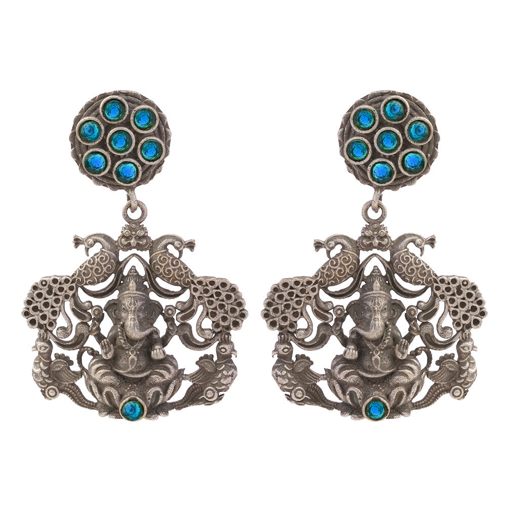 Gajanana- Silver Brass Oxidised dangler earrings(Blue)