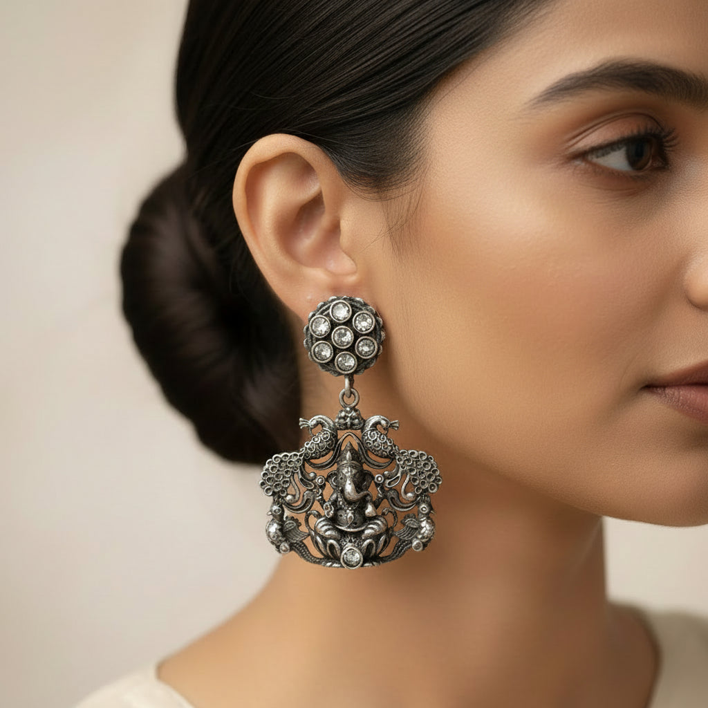 Gajanana- Silver Brass Oxidised dangler earrings(White)