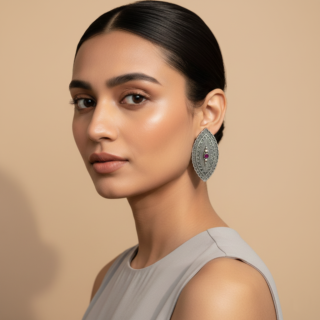 PushpNetra- Silver Brass Stone-Studded Stud Earrings
