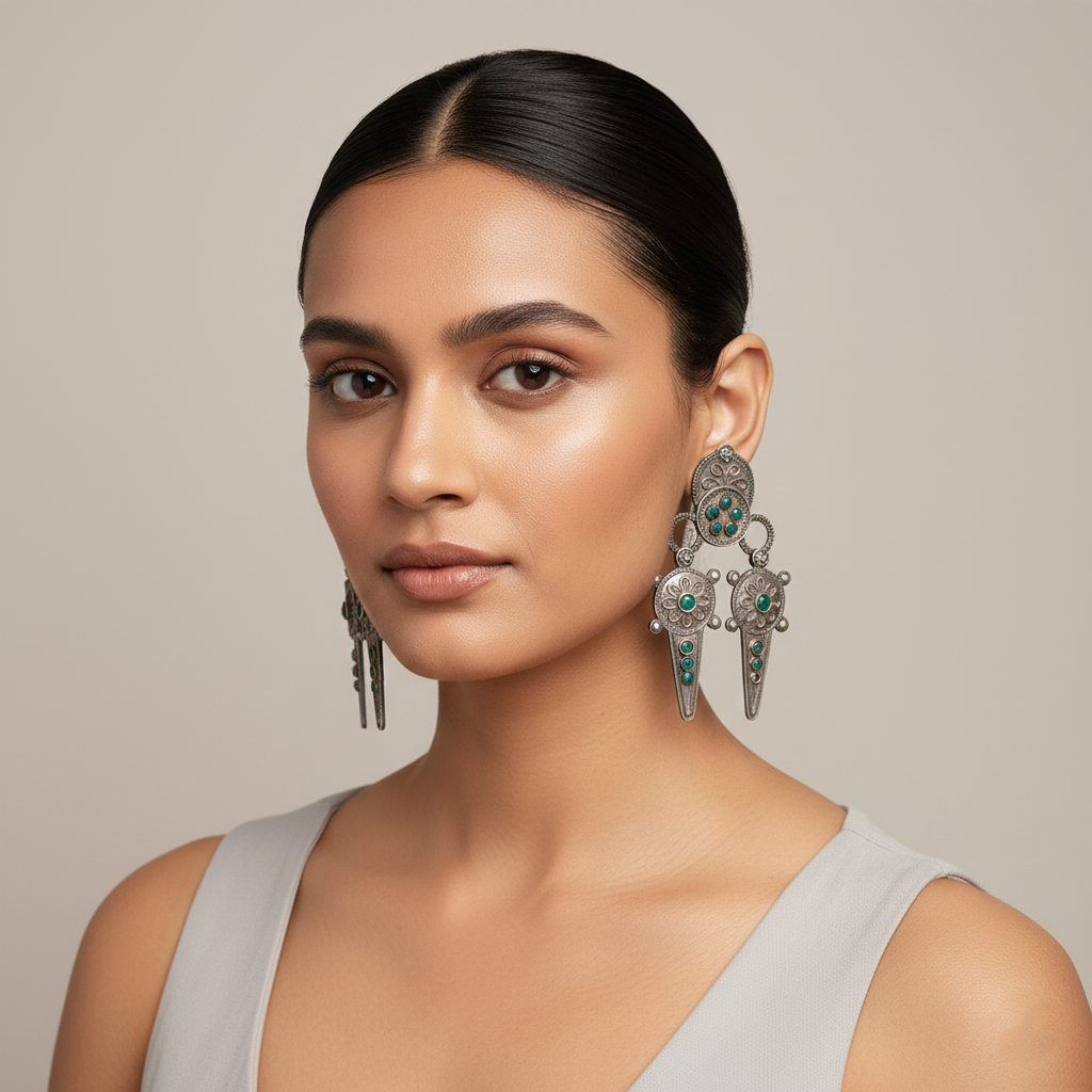 Rajwada- Silver Brass Oxidised dangler earrings