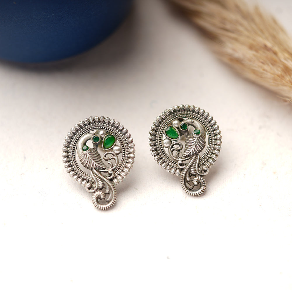 MorRatna- Silver Brass Stone-Studded Stud Earrings(Green)