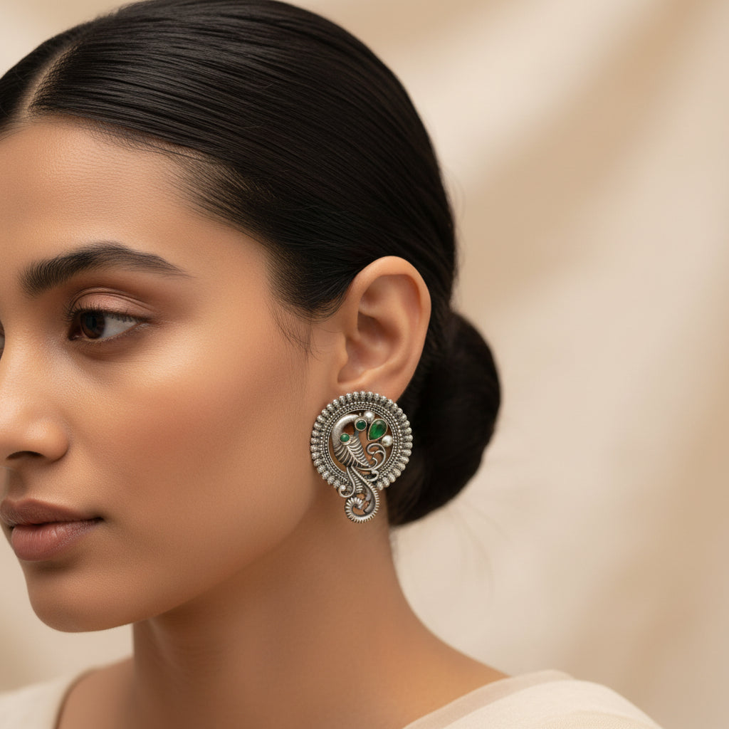 MorRatna- Silver Brass Stone-Studded Stud Earrings(Green)