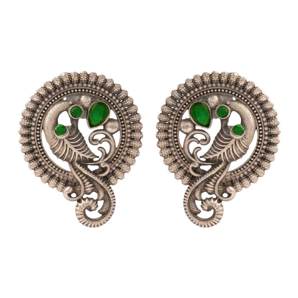 MorRatna- Silver Brass Stone-Studded Stud Earrings(Green)