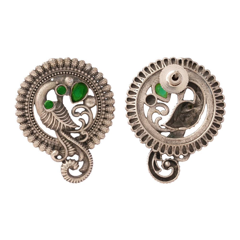 MorRatna- Silver Brass Stone-Studded Stud Earrings(Green)
