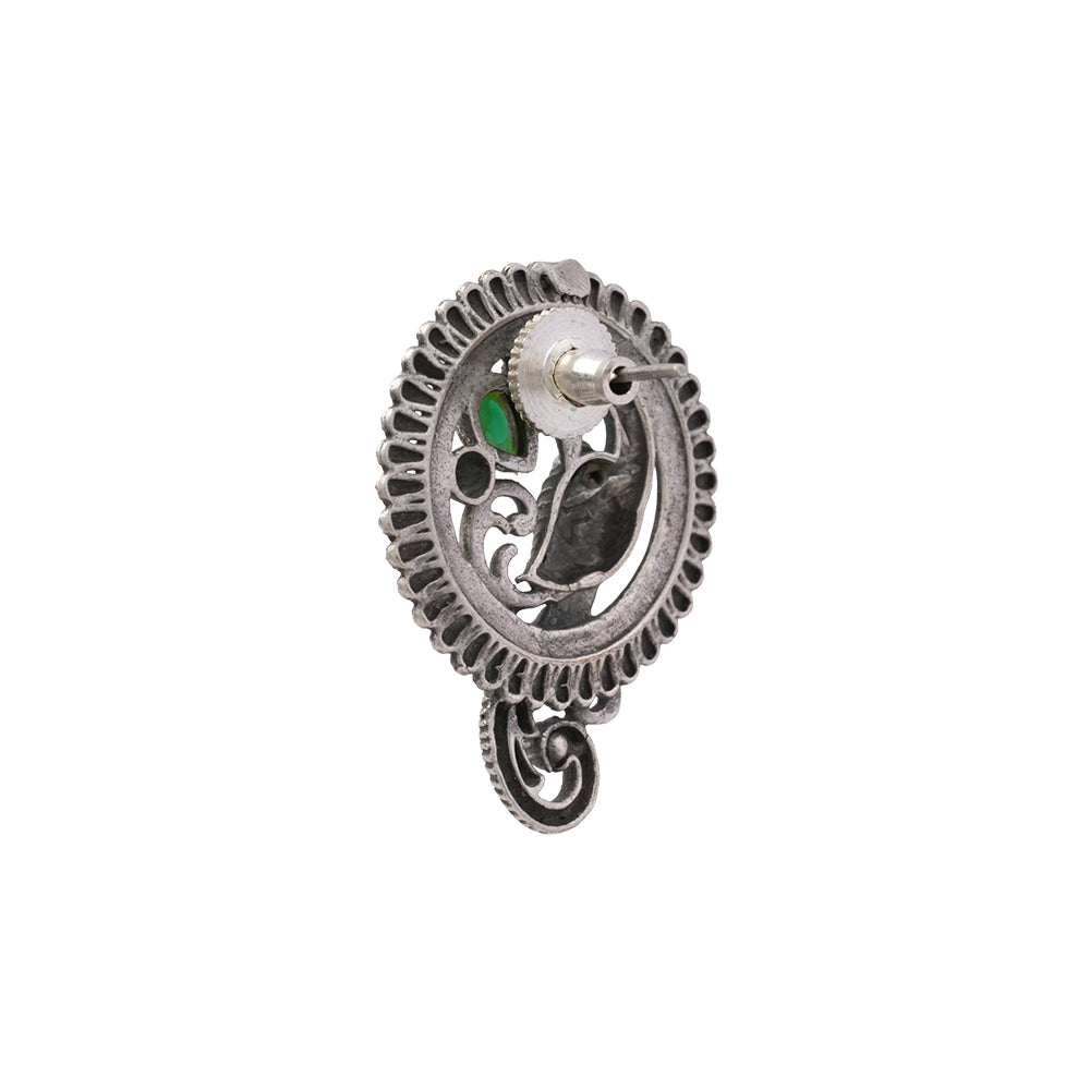 MorRatna- Silver Brass Stone-Studded Stud Earrings(Green)