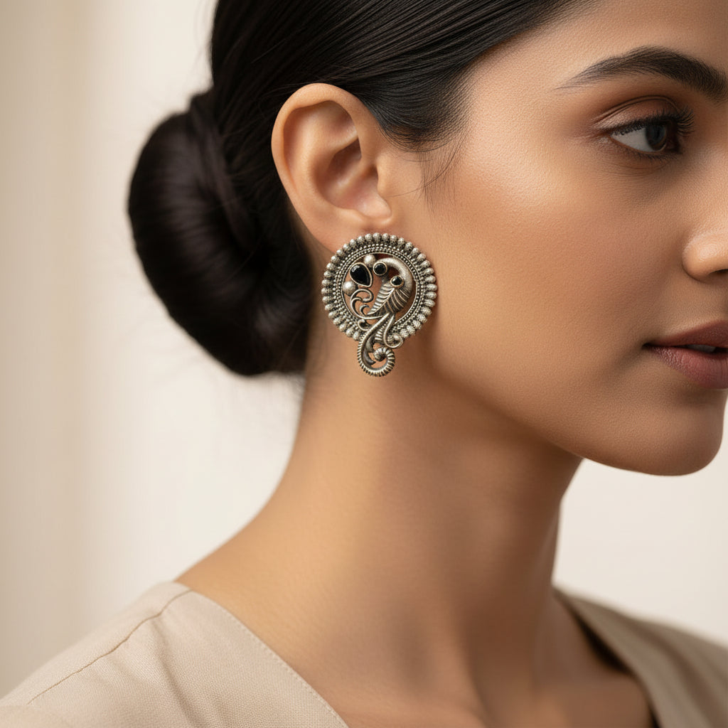 MorRatna- Silver Brass Stone-Studded Stud Earrings(Black)