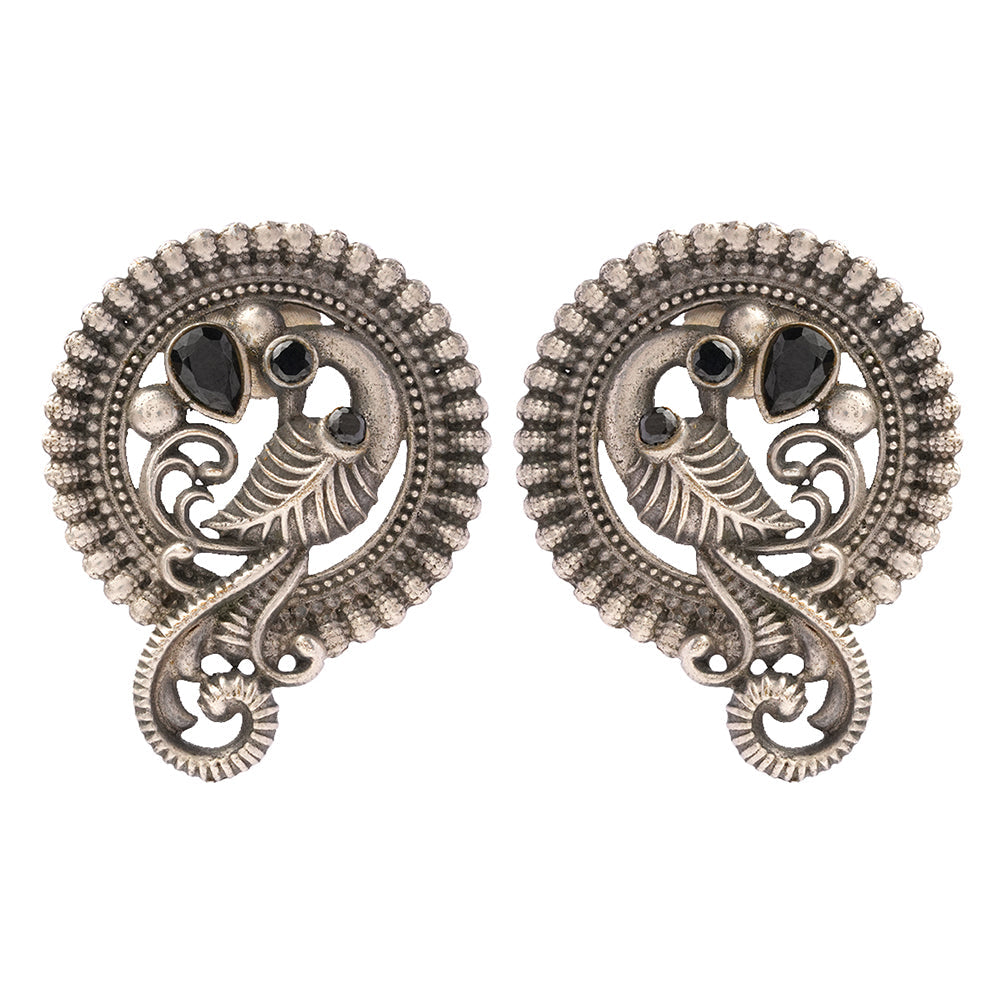 MorRatna- Silver Brass Stone-Studded Stud Earrings(Black)