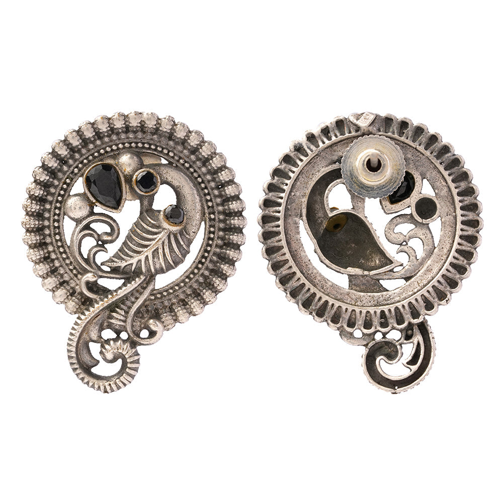 MorRatna- Silver Brass Stone-Studded Stud Earrings(Black)