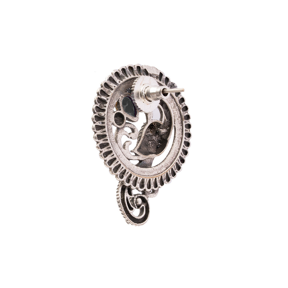 MorRatna- Silver Brass Stone-Studded Stud Earrings(Black)