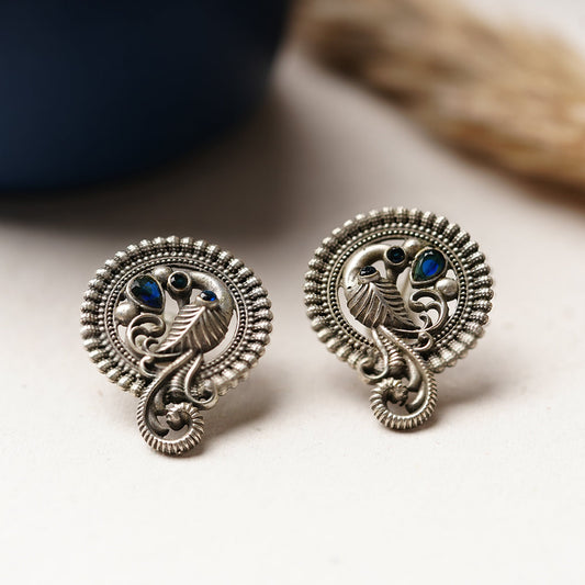 MorRatna- Silver Brass Stone-Studded Stud Earrings(Blue)