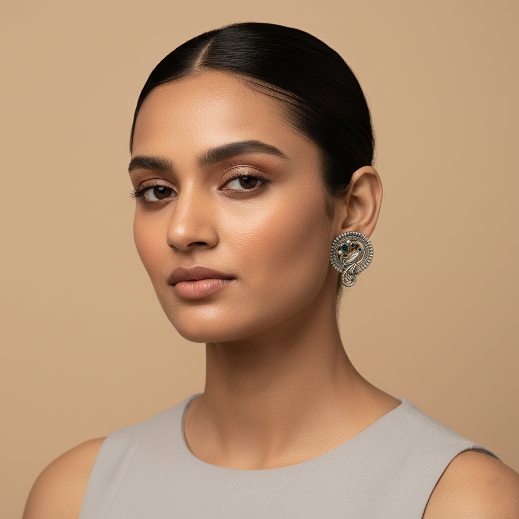 MorRatna- Silver Brass Stone-Studded Stud Earrings(Blue)