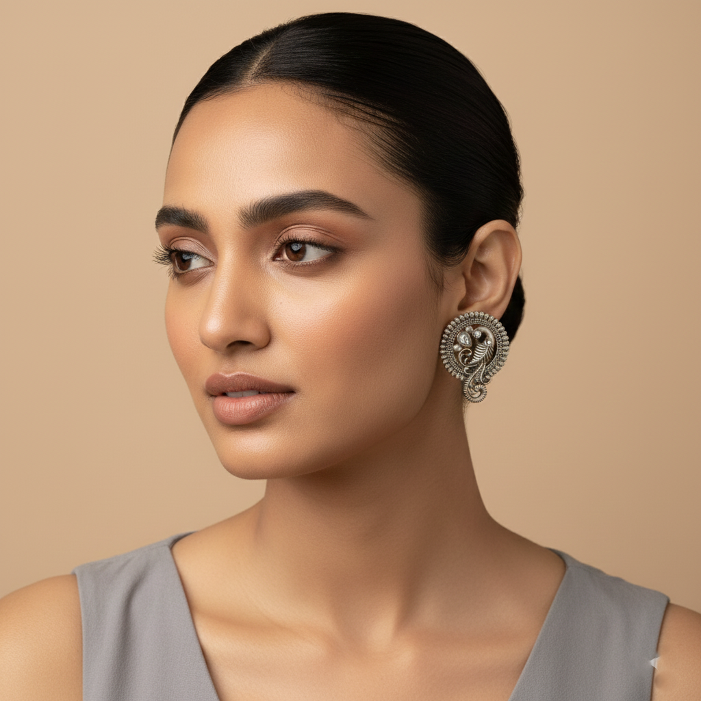 MorRatna- Silver Brass Stone-Studded Stud Earrings(White)
