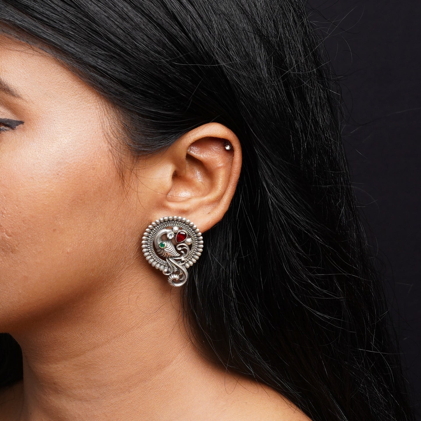 MorRatna- Silver Brass Stone-Studded Stud Earrings(Multicoloured)