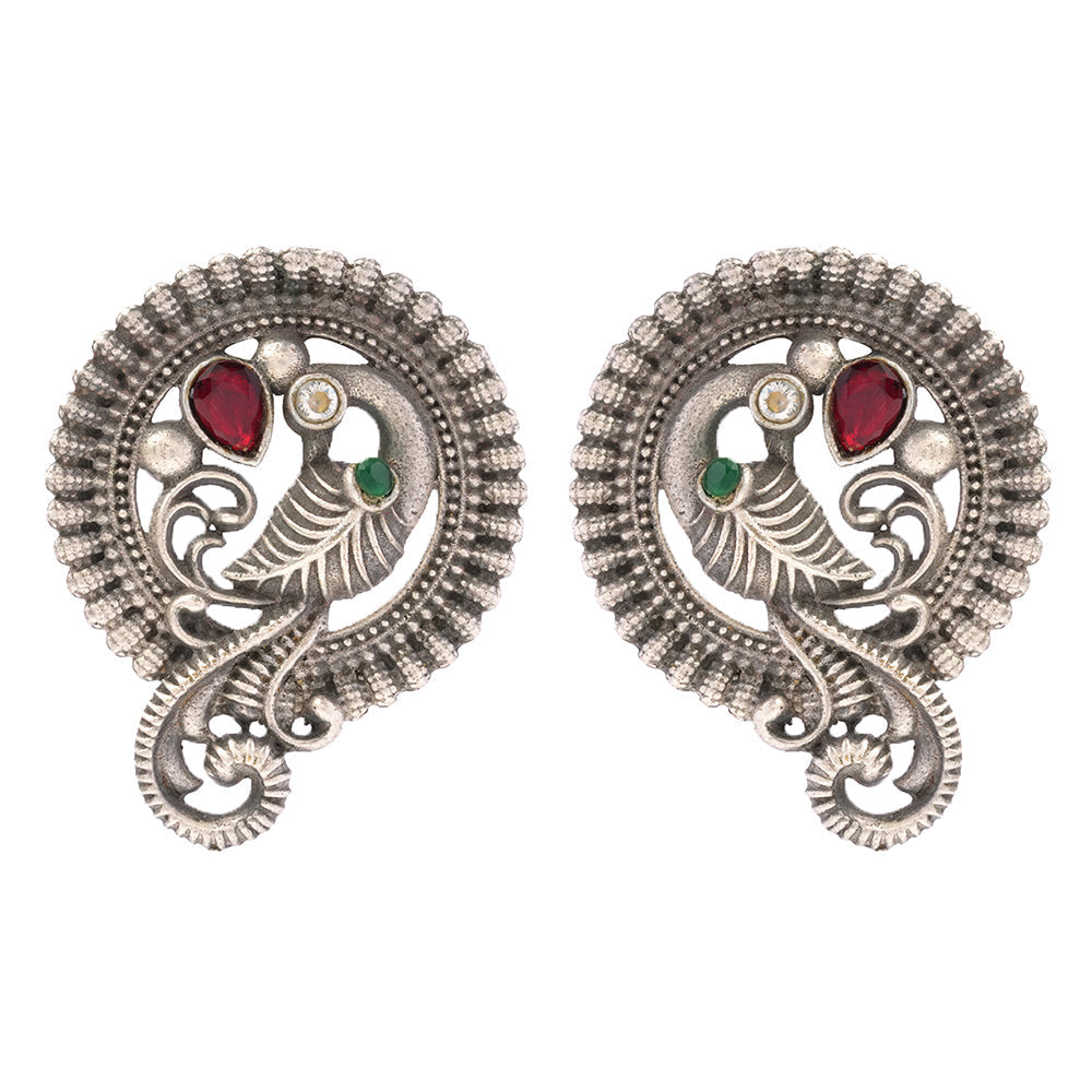 MorRatna- Silver Brass Stone-Studded Stud Earrings(Multicoloured)