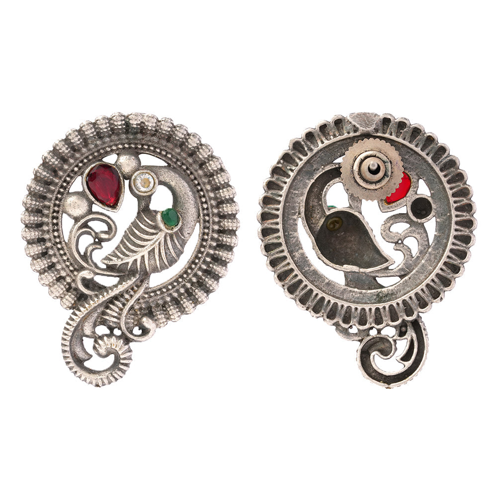 MorRatna- Silver Brass Stone-Studded Stud Earrings(Multicoloured)