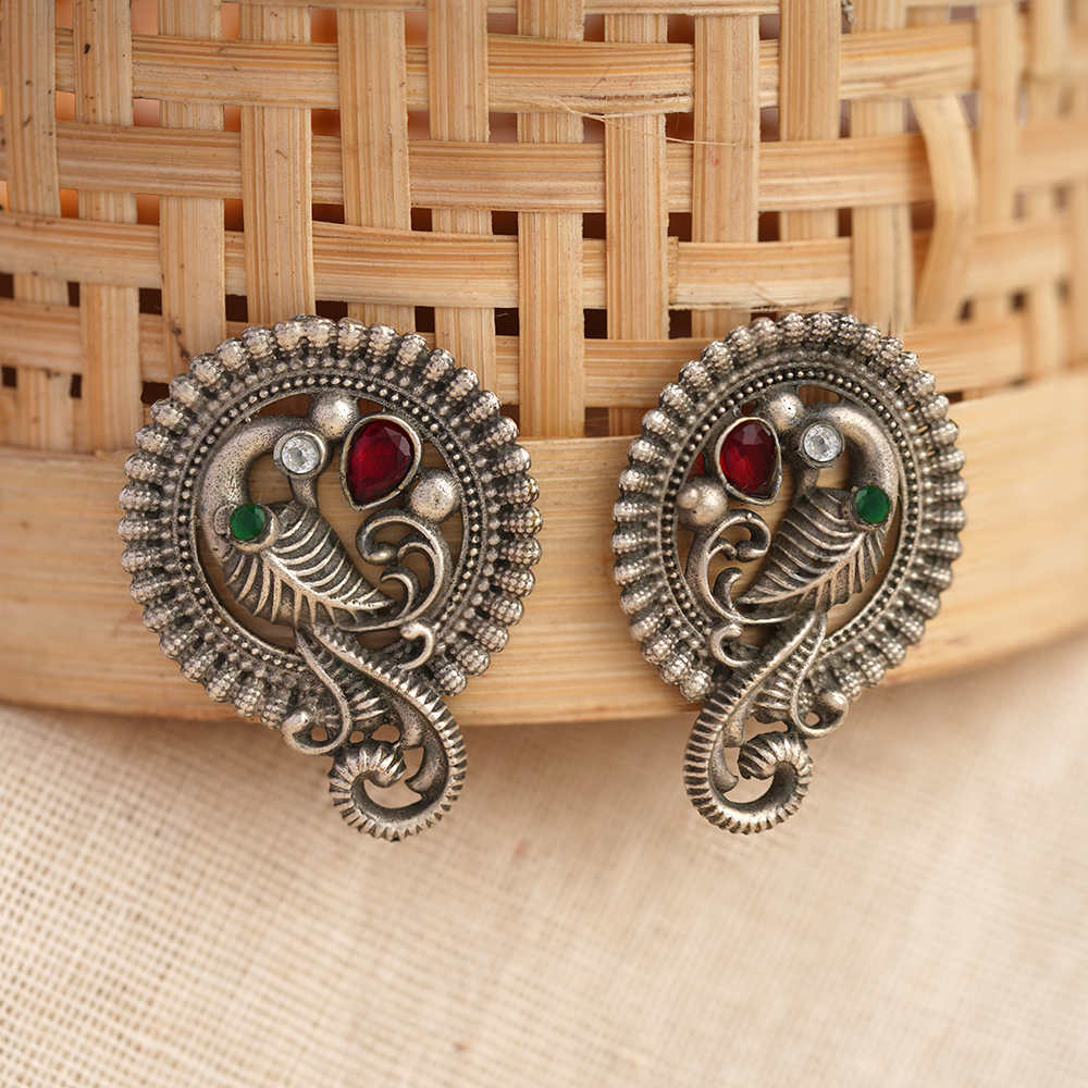 MorRatna- Silver Brass Stone-Studded Stud Earrings(Multicoloured)