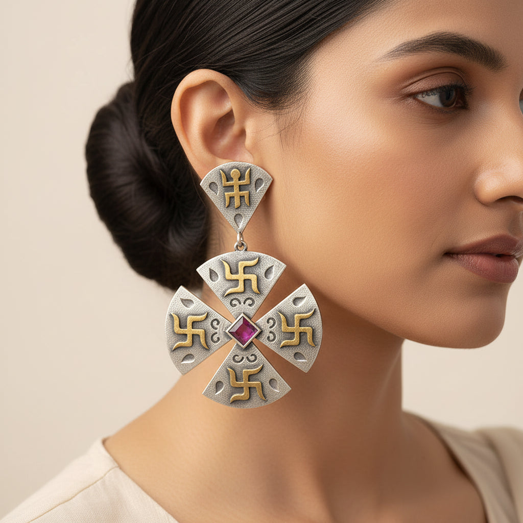 Swastik- Silver Brass Stone-Studded dangler earrings