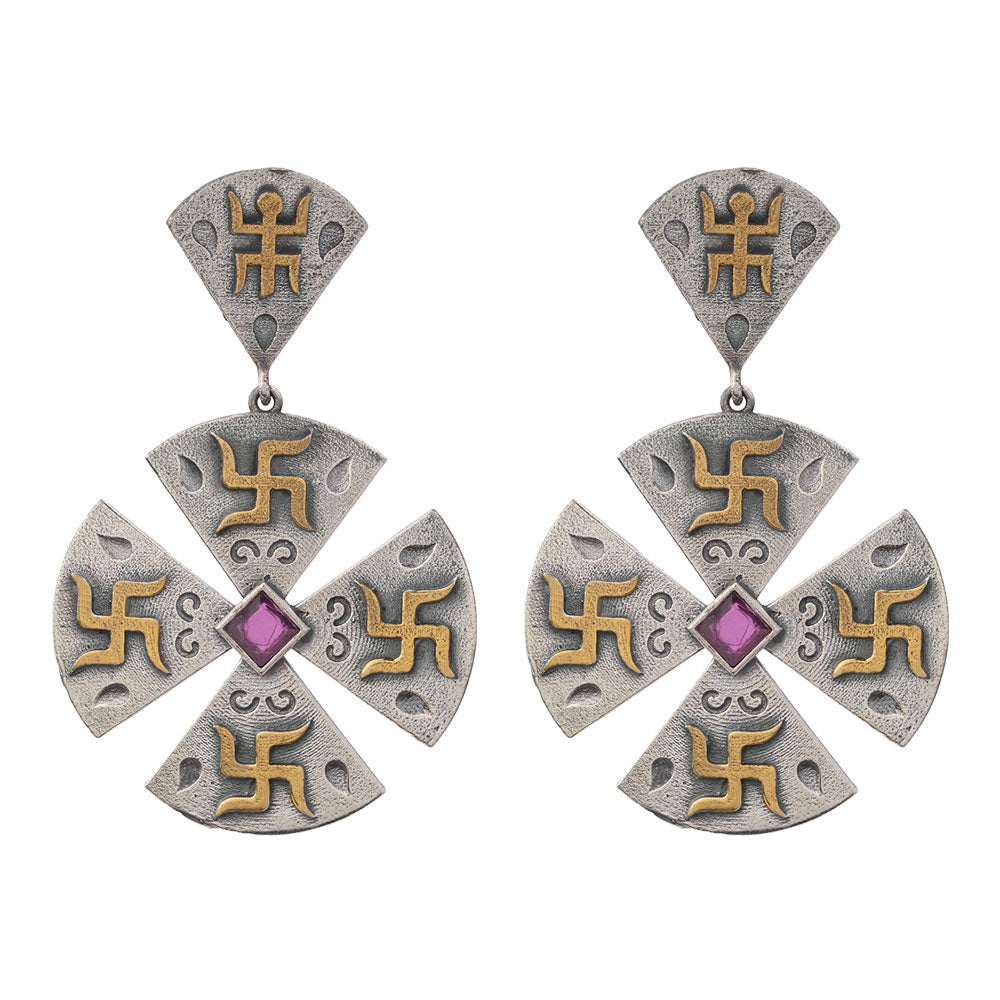 Swastik- Silver Brass Stone-Studded dangler earrings