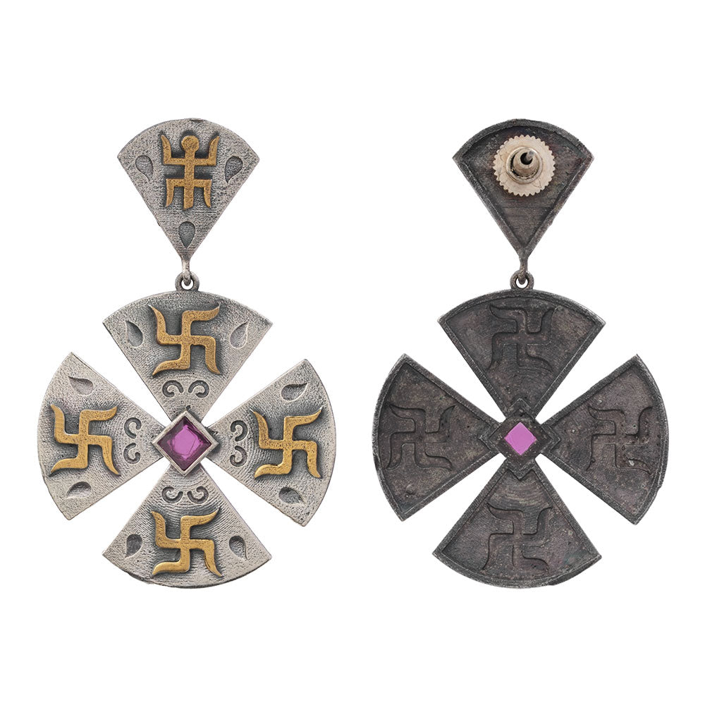 Swastik- Silver Brass Stone-Studded dangler earrings