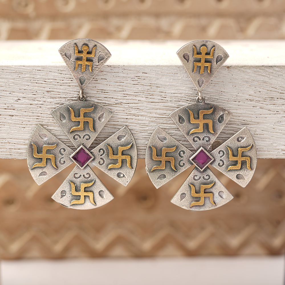 Swastik- Silver Brass Stone-Studded dangler earrings