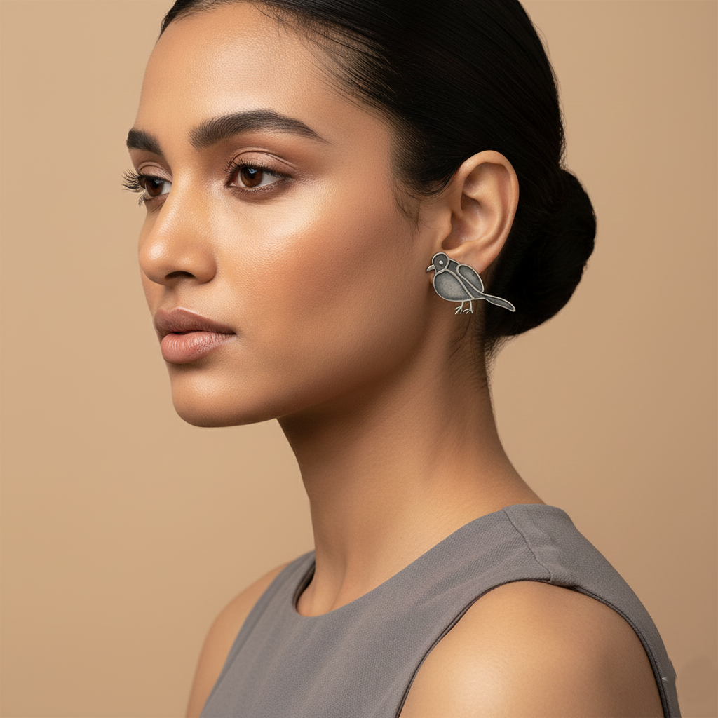 Panchi- Silver Brass oxidised stud earrings