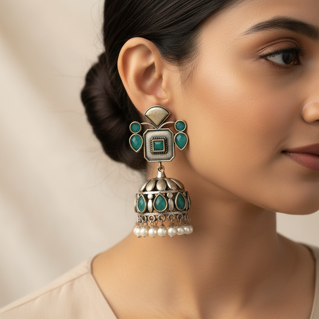 Ratnika- Silver Brass Oxidised Jhumka earrings