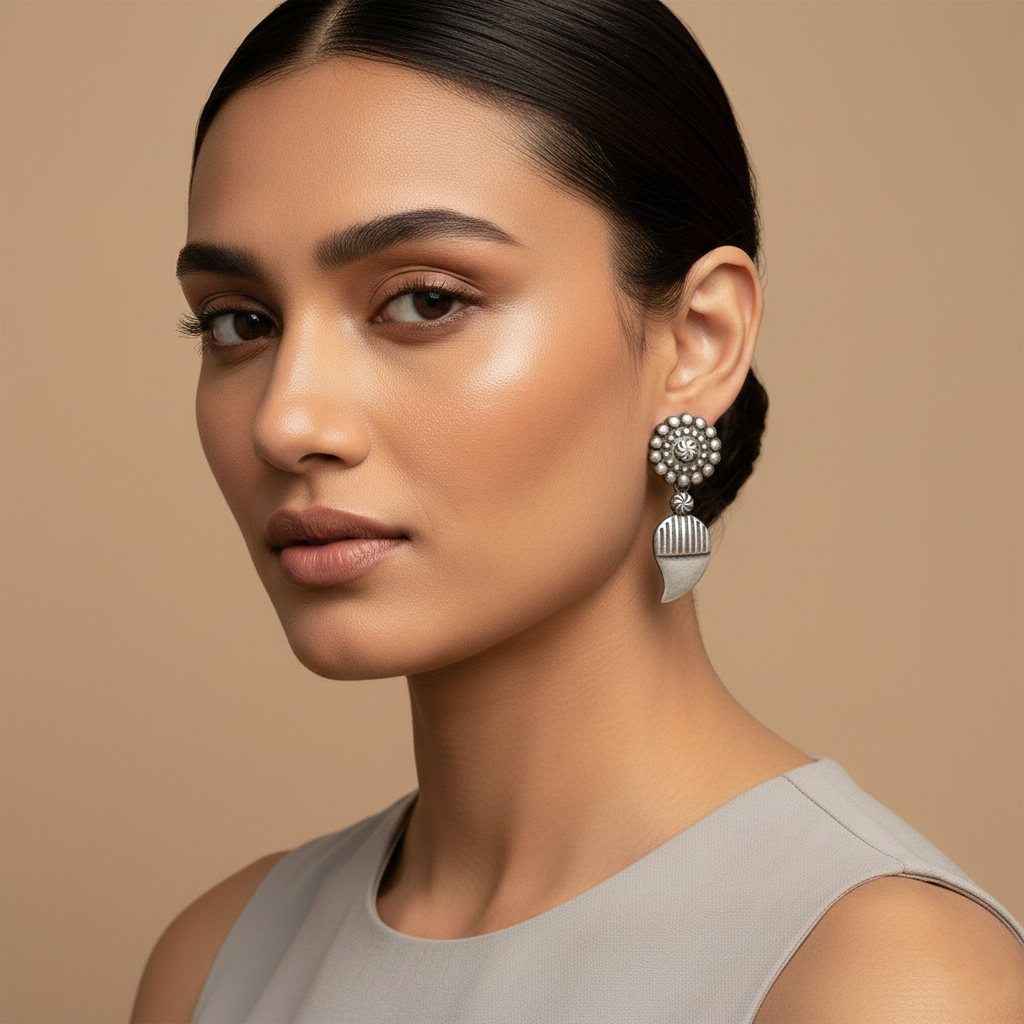 PushpKairi- Silver Brass Oxidised dangler earrings