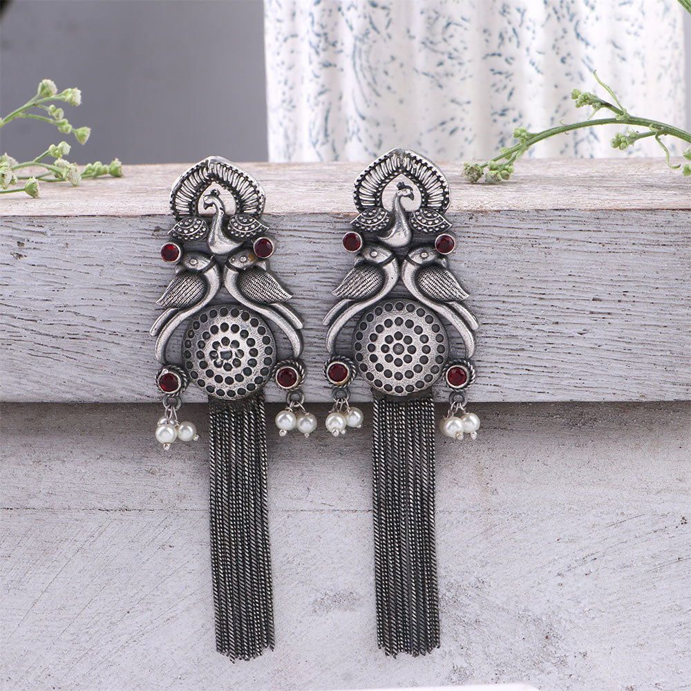 Jhalar- Silver Brass Oxidised dangler earrings(Red)