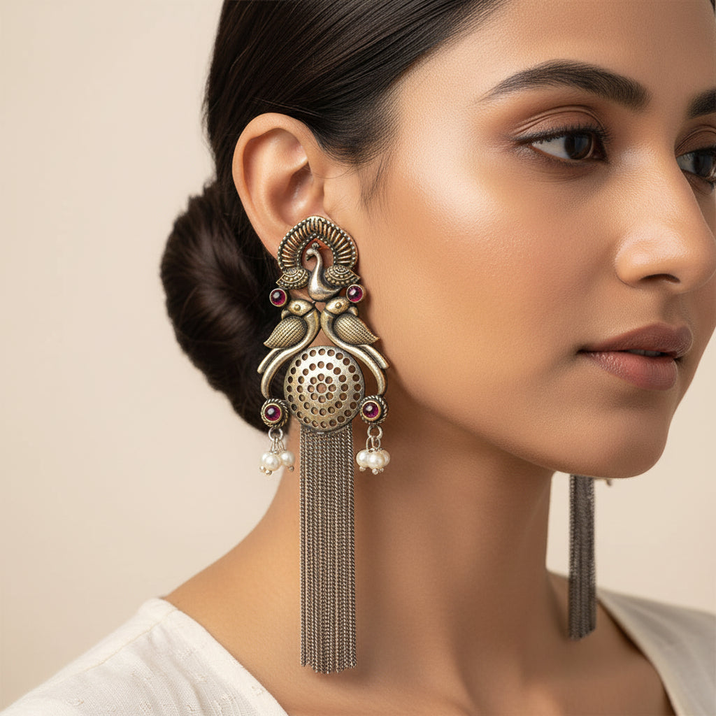 Jhalar- Silver Brass Oxidised dangler earrings(Red)