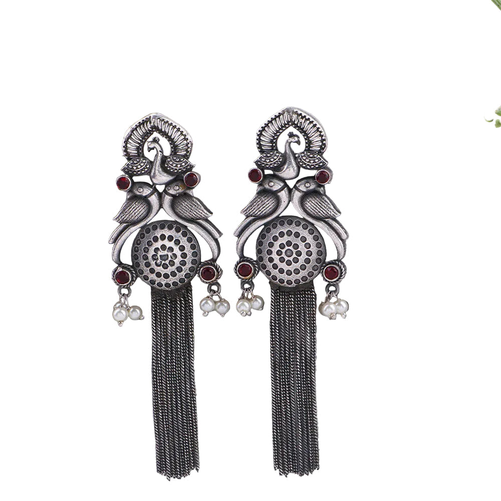 Jhalar- Silver Brass Oxidised dangler earrings(Red)