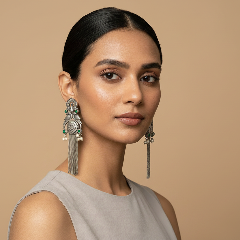 Jhalar- Silver Brass Oxidised dangler earrings(Green)