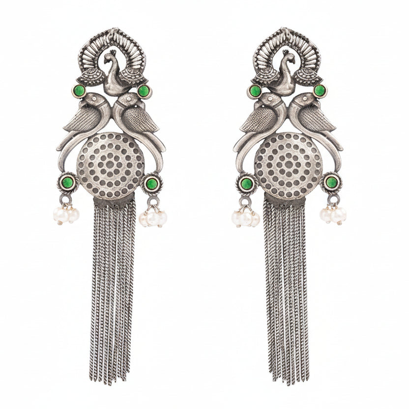 Jhalar- Silver Brass Oxidised dangler earrings(Green)