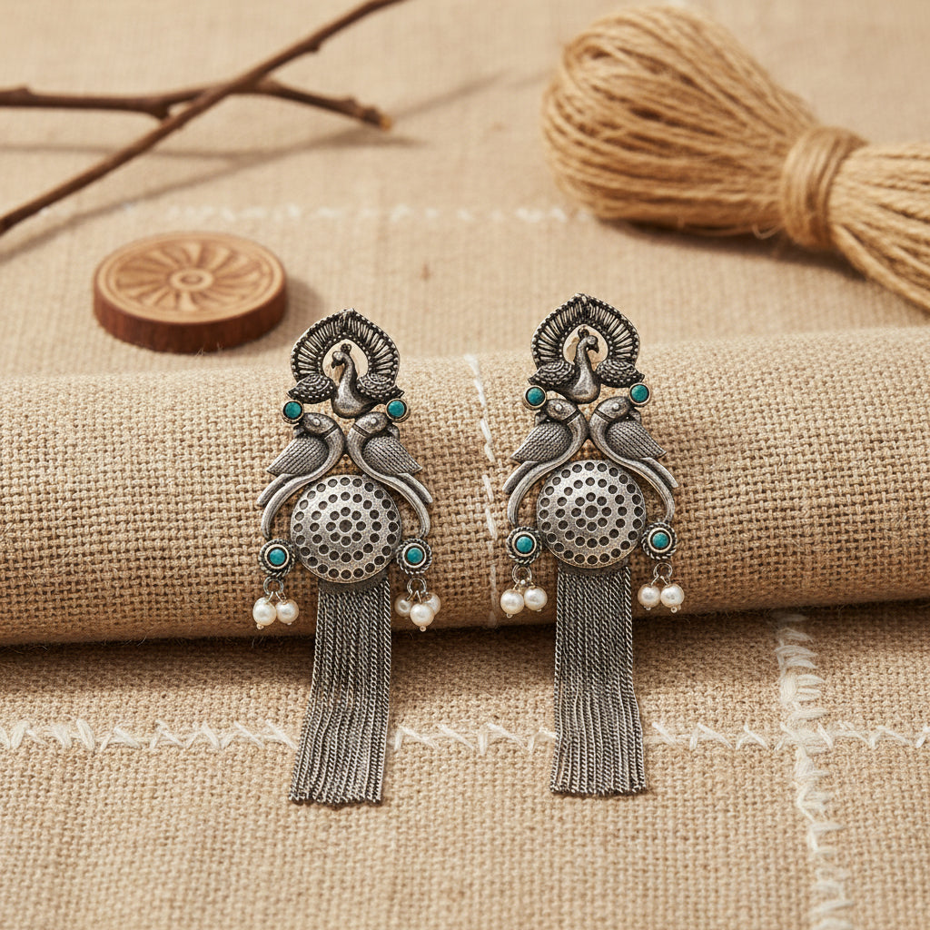 Jhalar- Silver Brass Oxidised dangler earrings(Green)