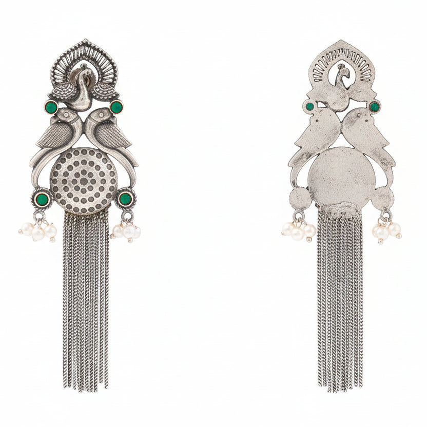 Jhalar- Silver Brass Oxidised dangler earrings(Green)