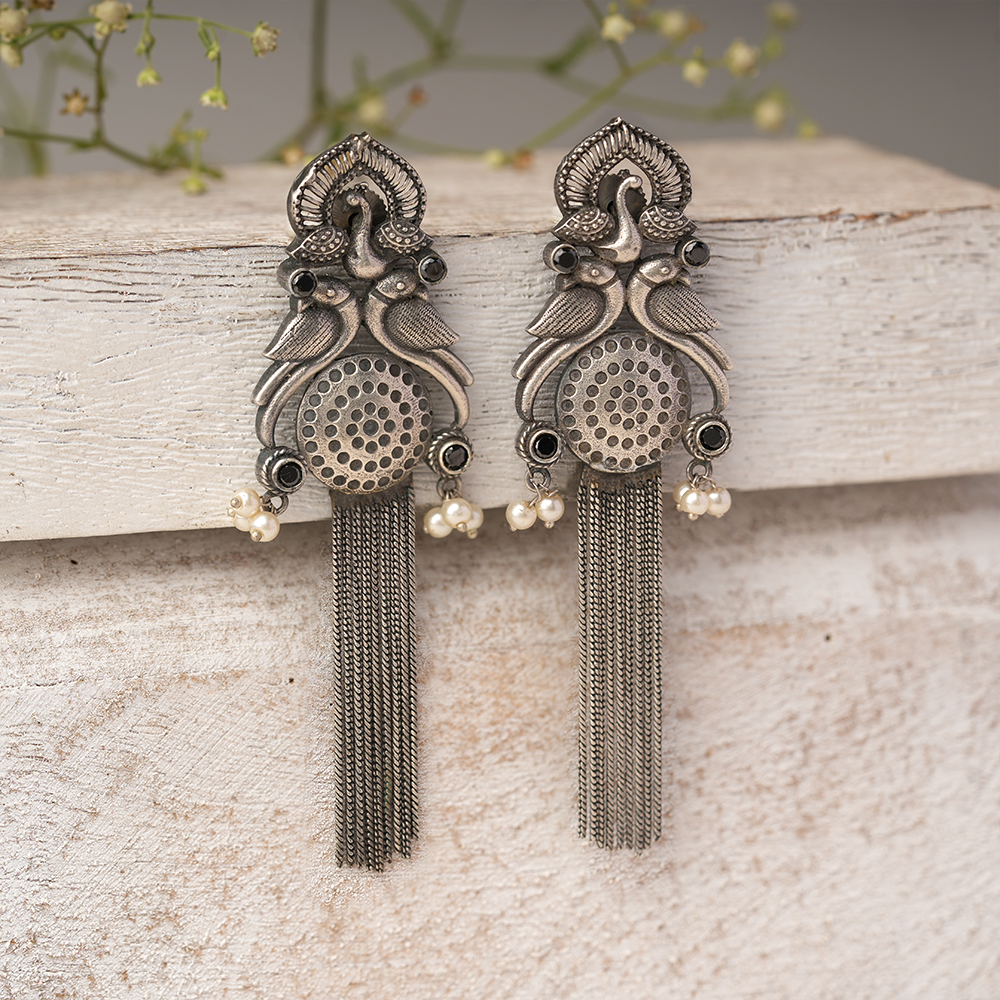 Jhalar- Silver Brass Oxidised dangler earrings(Black)