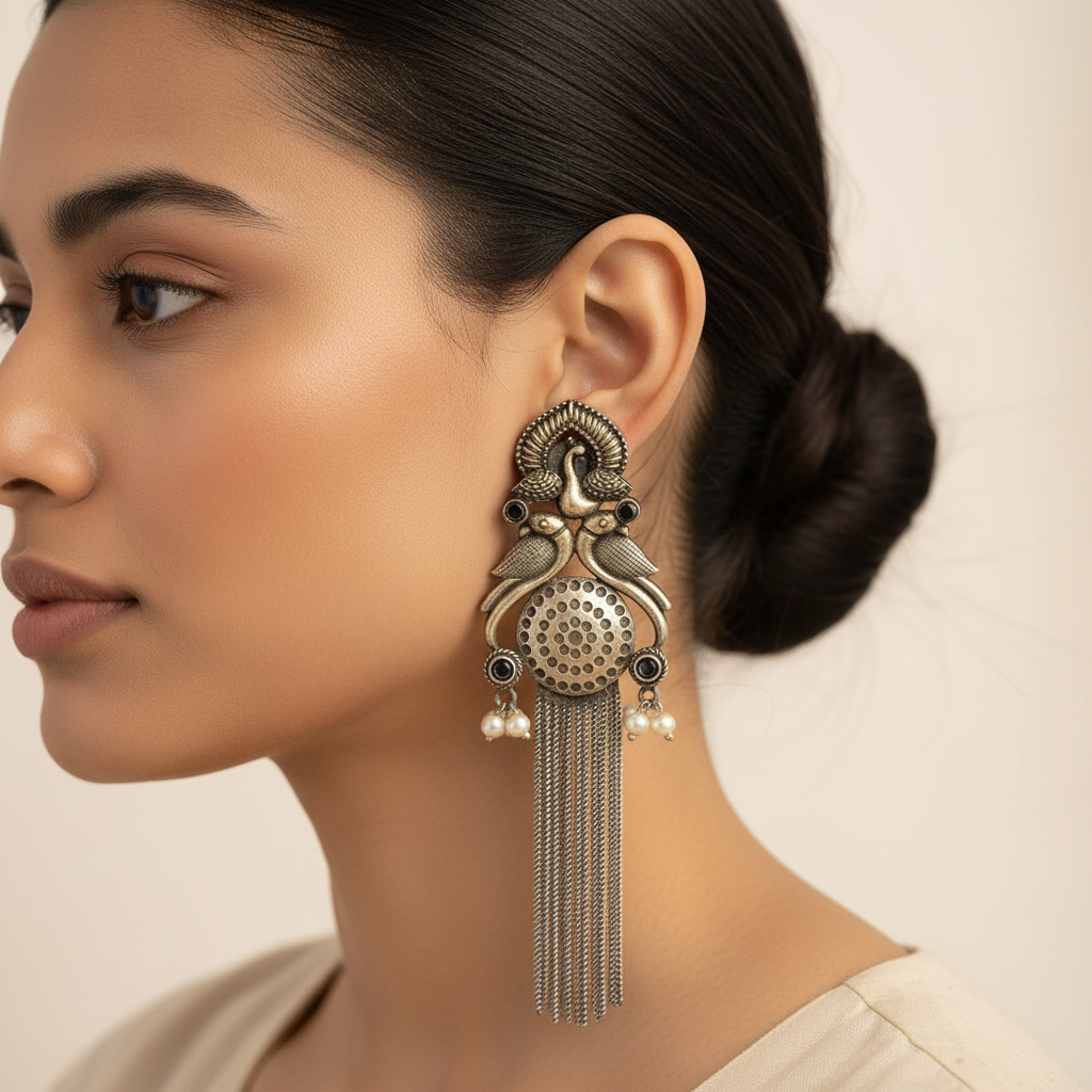 Jhalar- Silver Brass Oxidised dangler earrings(Black)