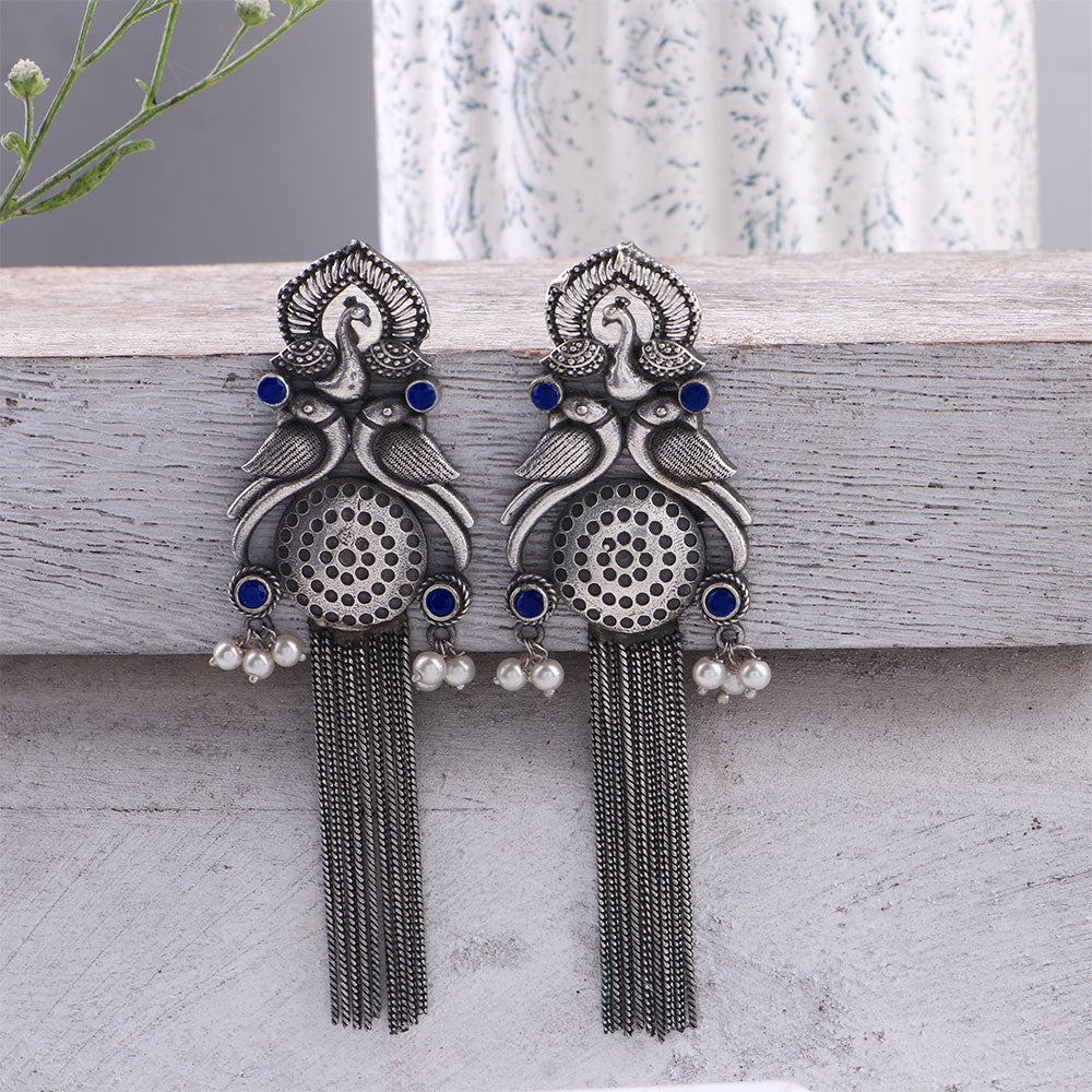 Jhalar- Silver Brass Oxidised dangler earrings(Blue)