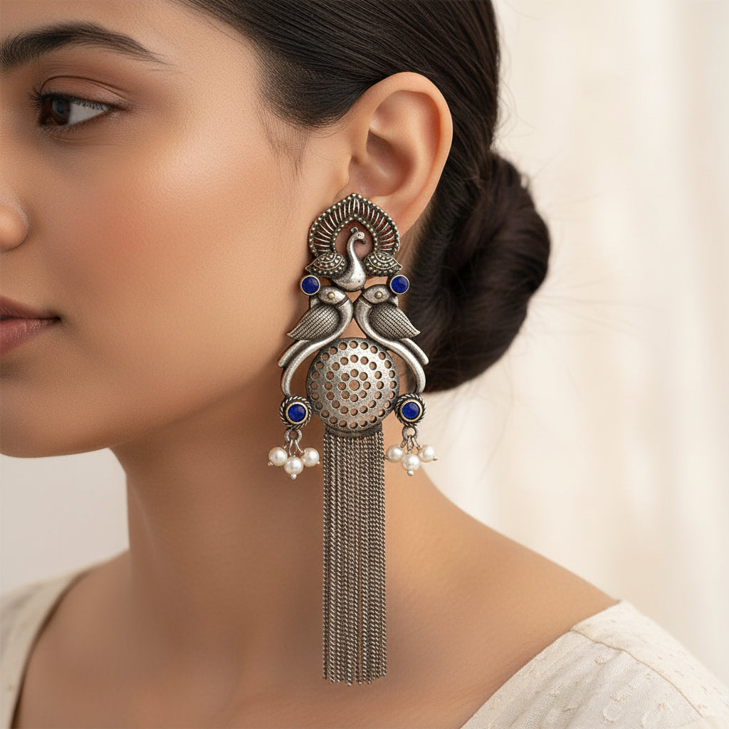 Jhalar- Silver Brass Oxidised dangler earrings(Blue)
