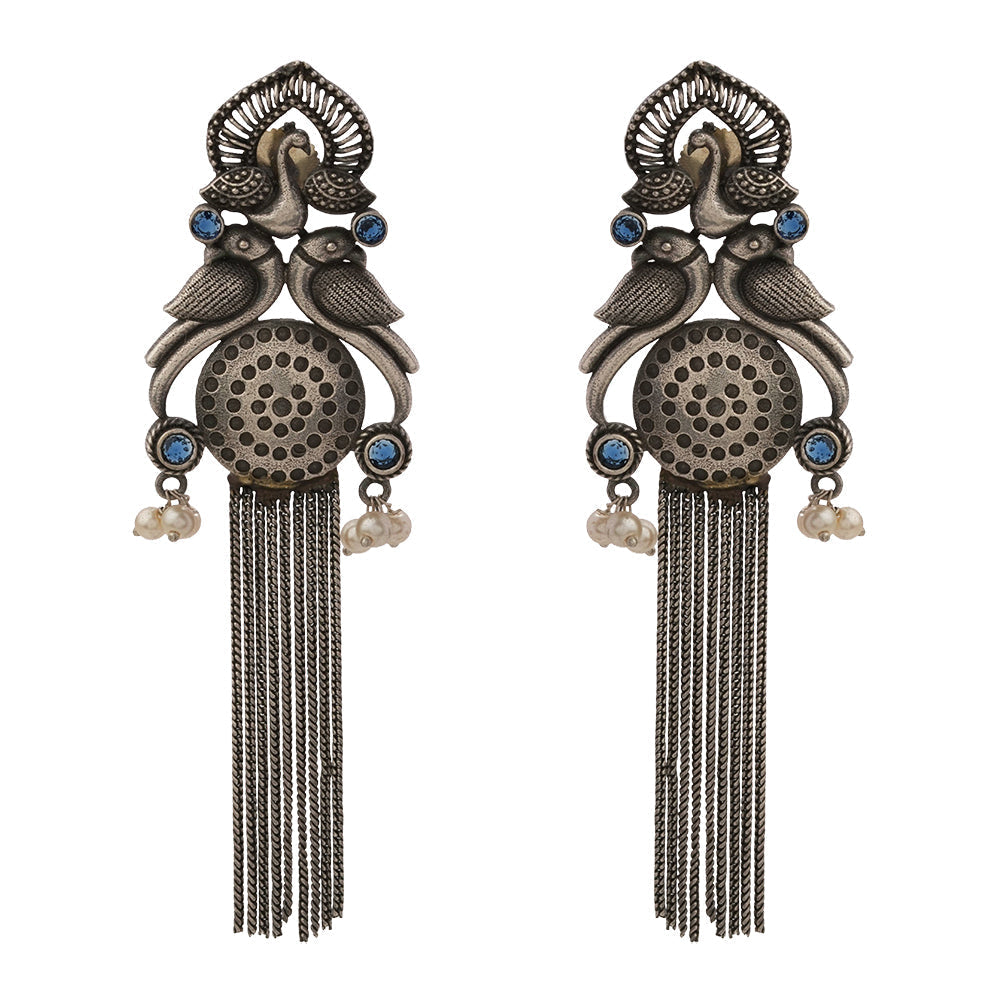 Jhalar- Silver Brass Oxidised dangler earrings(Blue)