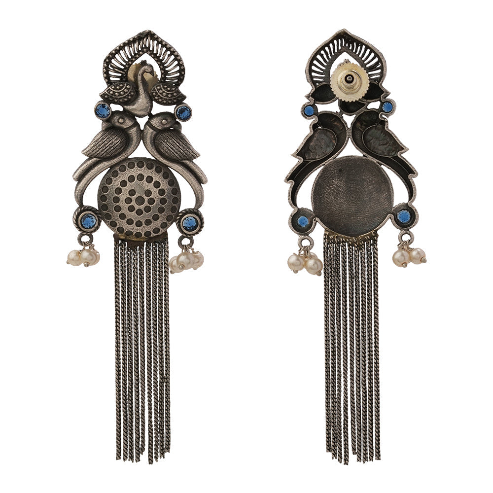 Jhalar- Silver Brass Oxidised dangler earrings(Blue)