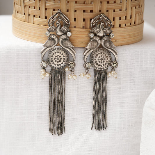 Jhalar- Silver Brass Oxidised dangler earrings(White)