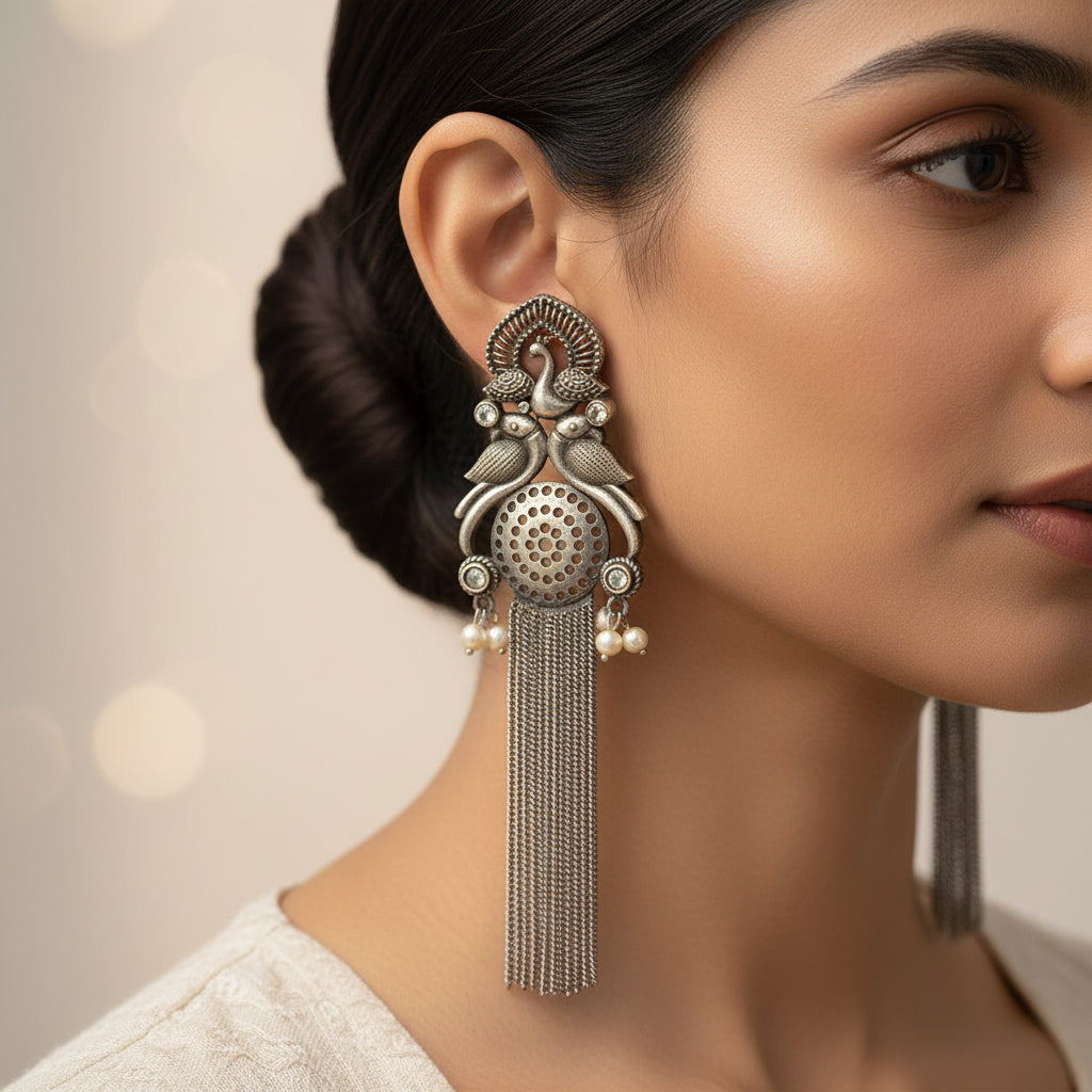 Jhalar- Silver Brass Oxidised dangler earrings(White)