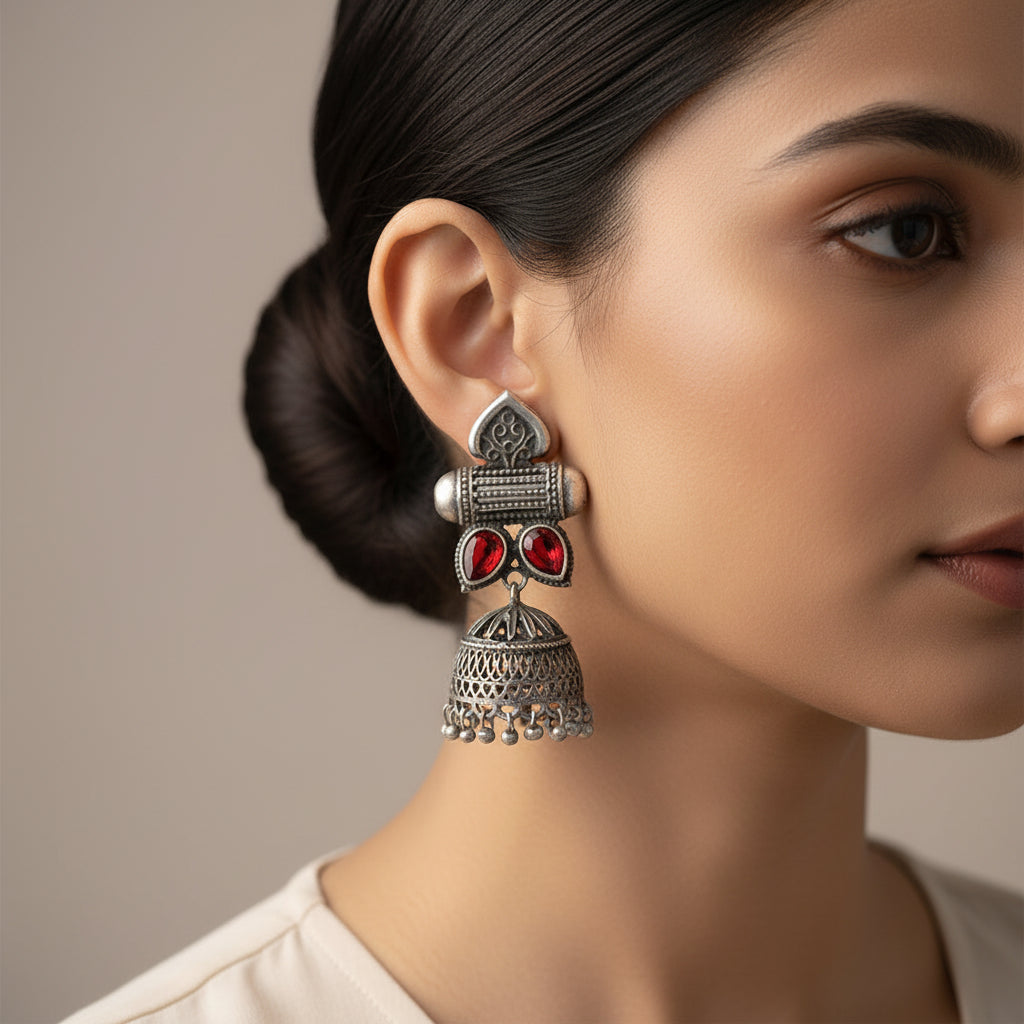 Taal- Silver Brass Oxidised jhumka earrings(Red)