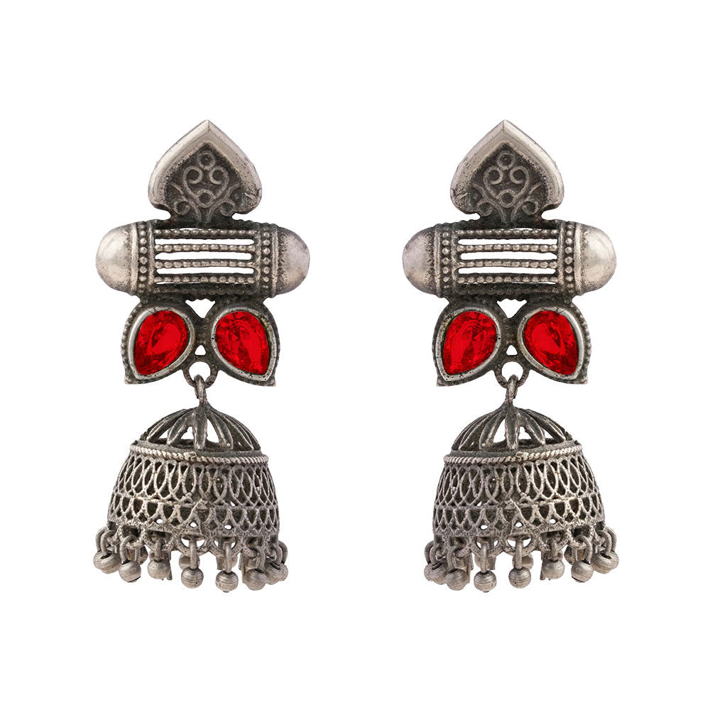 Taal- Silver Brass Oxidised jhumka earrings(Red)